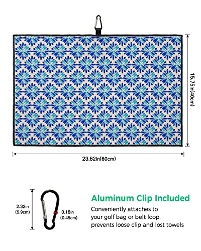 Ocomster Blue Flowers Golf Towel With Carabiner Clip, Hand Draw Pattern Vintage Linen Texture Microfiber Waffle Pattern Golf Towel, Golf Accessories For Cleaning Clubs And Balls, 24X16 In #TOP2