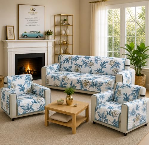 Image of Printed Quilted Sofa Mat for 5 Seater (3+1+1) - Floral Design Slipcover with Armrest, Pockets on Both Sides, Fully Covered Sofa Protector - Blue