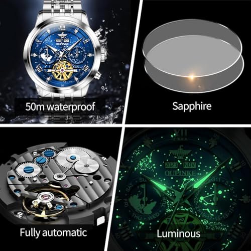 Image of OUPINKE Watch for Men Skeleton Self Winding Mechanical Automatic Luxury Dress Black Wrist Watch Waterproof Luminous Tungsten Sapphire Crystal