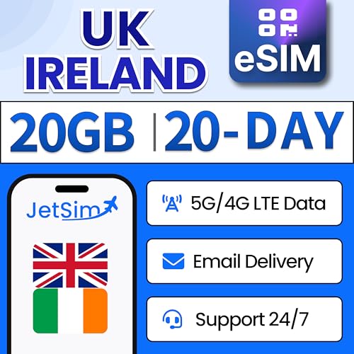 JetSIM UK & Ireland [eSIM] 20-Days, 20GB High-Speed Data (1GB/Day),