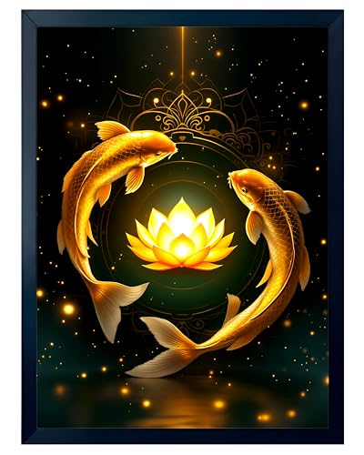 Image of ARTFUL TOY BOX - Golden Koi Fish with Lotus Photo Frame Wall Art for Home Decor | Feng Shui Wealth, Luck & Harmony Wall Decor for Living Room & Office | HD Glossy Print | Premium Fiber Black Frame - 12x18 Inch (30x45 cm) (Design 4)