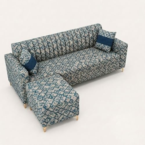 Image of FURNY Signature Regalia 4-Seater L-Shape Sofa Set with Movable Ottoman | Flexible LHS /RHS Layout | Tapestry Fabric | 40D Foam + Zigzag Spring | 3-Yr Warranty (Lagoon Mosaic Blue)