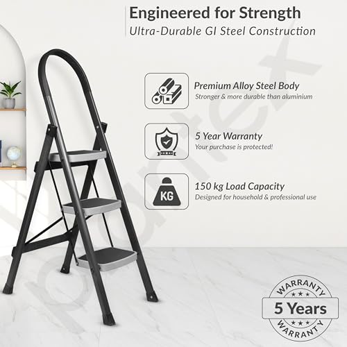 Image of Plantex Steel 3 Step Ladder for Home /Wide Anti Skid 3 Step Ladder Foldable /5 Year Manufacturer Warranty By Plantex(Gray)