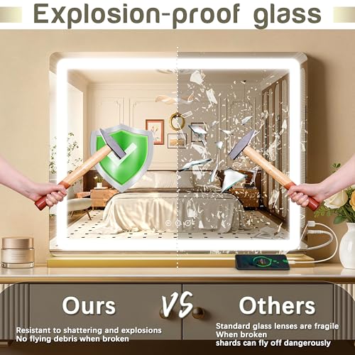 Image of ROLOVE 23 inchx18 inch Gold Vanity Mirror with Lights, Large Lighted Makeup Mirror with 10X Magnifier, 3 Color Lighting & Stepless Dimming, Wall Mounted or Tabletop Desk Mirror for Bedroom
