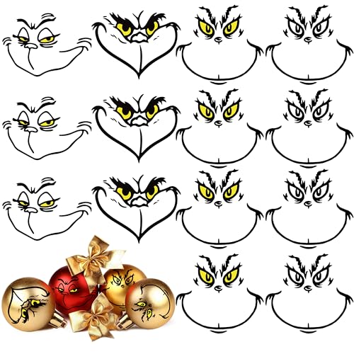 24Pcs Christmas Ornaments Stickers Green Monster Face Decals for Window Christmas Tree Ball, Transparent Vinyl Stickers, Green Monster Waterproof Stickers for Party Water Bottle School Stores Display