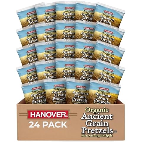 Hanover Organic Ancient Grain Spelt Sea Salt Pretzels - Low Fat Cholesterol - OU Kosher Pretzels, Trans Fat Free Seasoned Whole Grain Pretzels - Mini Pretzels Individual Packs- Non-GMO Pretzel Snack Bags 1 Ounce (Pack of 24) Cover