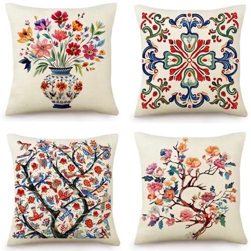 OYIMUA 4er Set Leinen Kissenbezug 40 x 40 Vintage Bunt Blumen Dekokissen Quadratisch Sofakissen Outdoor Kissen