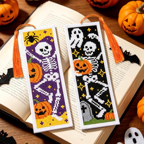Image of ACRNIGHEET 6PCS Cross Stitch Bookmark Kit (Halloween Skeleton Pattern)