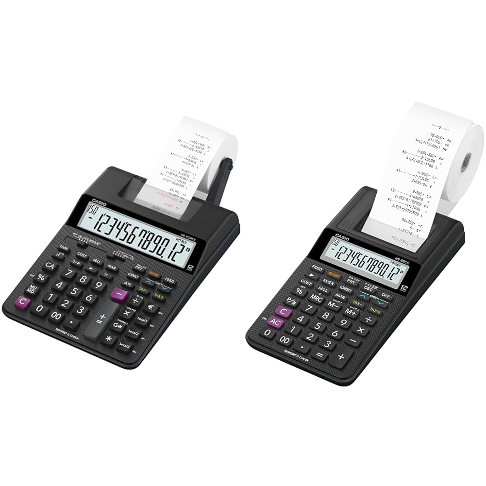 Casio Hr-150Rce Calcolatrice Scrivente Portatile, A 12 Cifre, Stampa 2 Righe A Secondo & HR-8RCE-BK Calcolatrice Scrivente Portatile, Display a 12 Cifre, Funzioni Check e Correct