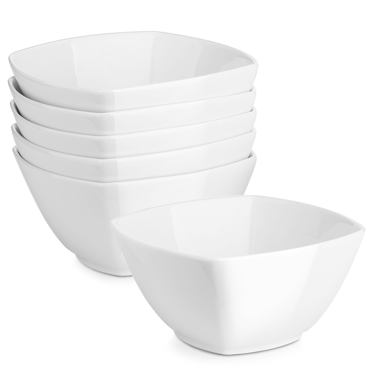 DOWAN770 ml Square Cereal Bowls, Ø 15.5cm Soup Bowls Set of 6, Soft White Ceramic Serving Bowls for Snack, Salad, Pasta, Dessert and Marmalade, Large Porcelain Bowls, Chip Resistant