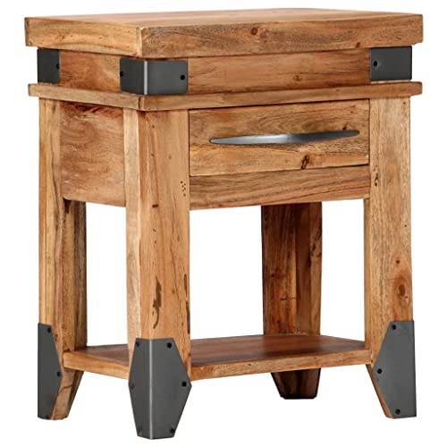 QZZCED Industrial Bedside Cabinet with Drawer and Shelves, Solid Acacia Wood Nightstand for Bedroom or Living Room Storage