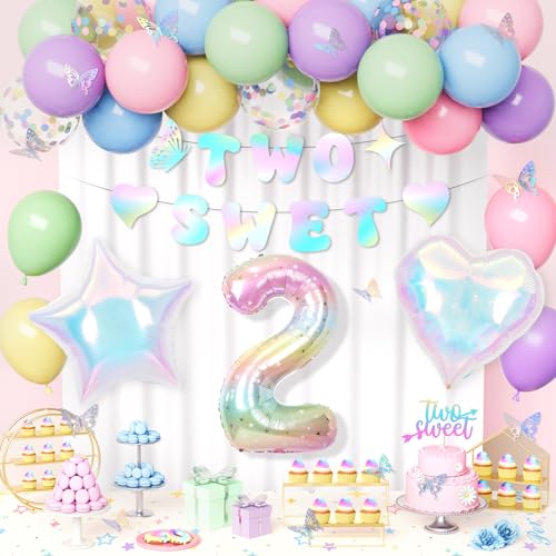 2nd Birthday Decorations Girl Two Sweet Banner 2nd Party Decoration Set Macaron Pastel Balloons Number 2 Balloon Star Heart Foil Balloon Pastel Birthday Decorations for 2 Years Girls Party Deco