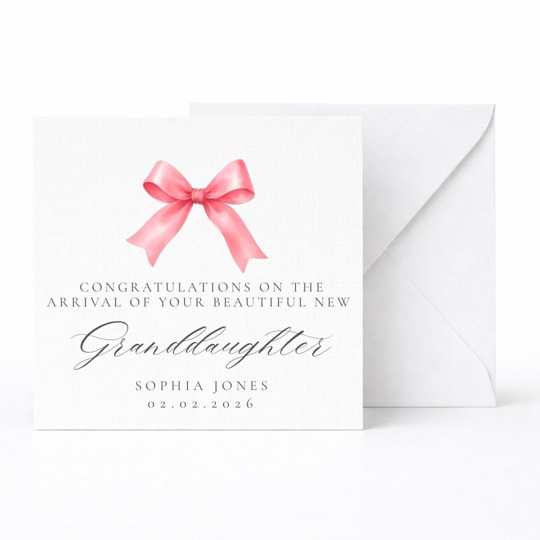 Personalised New Granddaughter Card with Name and Date, Baby Girl Congratulations Card with Pink Ribbon Design, Handmade New Baby Keepsake Gift