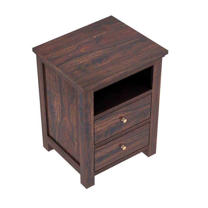 Image of Solid Sheesham Wood Bedside Table with 2 Drawer & 1 Shelf Storage for Bedroom, End Table, Side Table for Living Room (Walnut Finish)