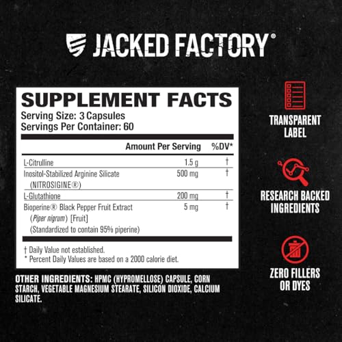 Image of Jacked Factory N.O. XT Nitric Oxide Supplements for Men w /Nitrosigine L Arginine L Citrulline Supplement for Muscle Pumps & Vascularity - Pre Workout Nitric Oxide Booster & Muscle Builder - 180 Caps