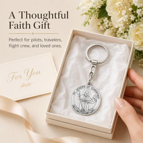 Image of Brilucky St Joseph of Cupertino Medal Keychain,Saint Joseph of Cupertino Key Chain for Pilot,Aviators, Air Travelers,Airplane Gifts,Catholic Religious Airplane Keychain,Flight Attendant Essentials