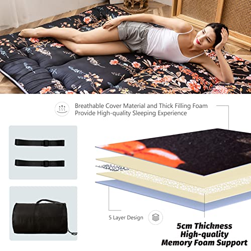 Image of MAXYOYO Japanese Futon Mattress Floor Mattress Sleeping Pad Foldable Mat Roll Up Camping Cushion Floor Lounger Couches and Sofas Couch Topper, Black Floral, Full Size