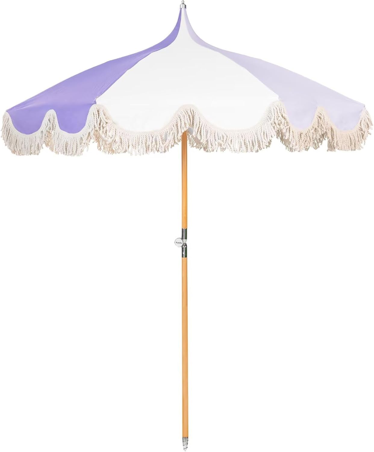 6.5ft Pagoda Beach Umbrella with Fringe, UPF 50+ Boho Umbrellas with Carry Bag, Premium Wood Pole Foldable Tassel Umbrella for Outdoor Garden Lawn Pool Yard Table Purple