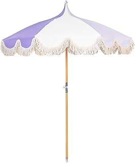 6.5ft Pagoda Beach Umbrella with Fringe, UPF 50+ Boho Umbrellas with Car...