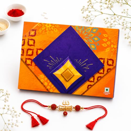 Image of JAIPUR ACE Rakhi Hamper With Chocolate Celebration Box Combo Pack, Rakshabandhan Gift Hamper For Brother With Roli Kumkum & Greeting Card (Trishul + Cele)