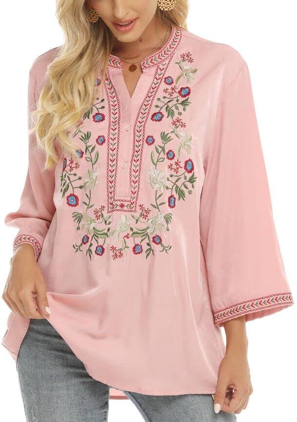 LauraKlein Women's Mexican Embroidered Tops Bohemian Clothes 3/4 Sleeve V Neck Boho Shirts Peasant Tunics Blouses - Image 3