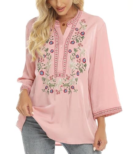 Lauraklein Women's Summer Embroidered Mexican Bohemian Cotton Tops Short Sleeve V Neck Boho Shirts Tunics Blouses Peasant For Women (Xx-Large, Pink) #TOP2
