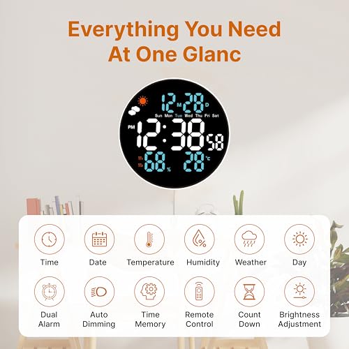 Image of 10.2 inch Large LED Digital Wall Clock with Remote Control, Auto Dimming, Temperature & Humidity Display, 12 /24H, Desktop & Wall Mounted, Cable Operated, Digital Clock for Home, Office & Bedroom.