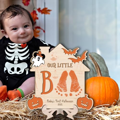 Image of My First Halloween Footprint Sign - Baby First Halloween Craft - DIY Baby Footprints - Baby's First Foot Print Sign - DIY Our Little Boo Footprint or Handprint Art Decorations (Wood Boo Orange)
