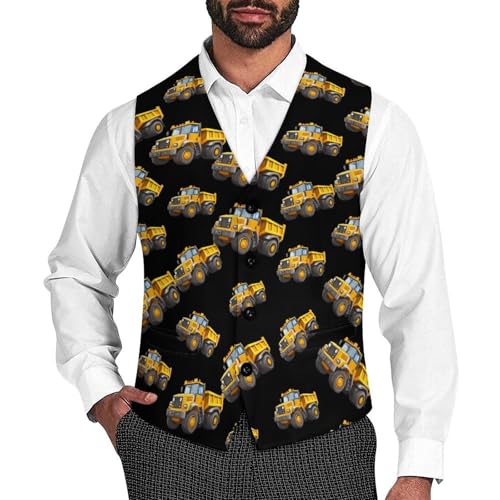 Construction Truck Suit Vest for Men Slim Fit Tuxedo Waistcoat Button Down V Neck Business Dress Coat