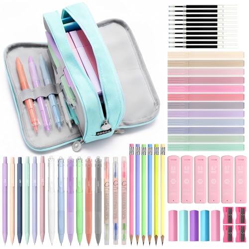 Image of MoKo 59 PCS Aesthetic School Supplies with Cute Pencil Case, Students Stationery Set for Teen Girls & College with Gel Pens, Pastel Highlighters, Mechanical Pencils & Refills, Office Supplies, Blue
