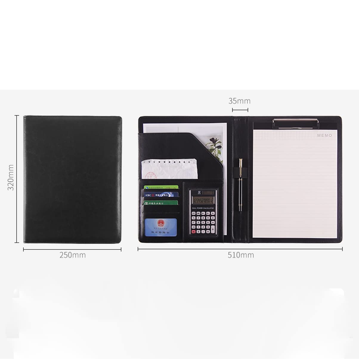 Teczka konferencyjna Organizer na dokumenty， Teczka A4 z schowkiem i miejscem do przechowywania, teczka do pisania ze sztucznej skóry z schowkiem konferencyjnym(Svart,No calculatorMemo pad*5)