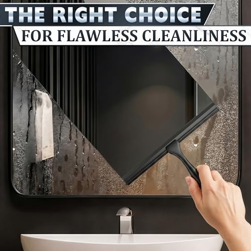 Image of Shower Door Squeegee with Hook - 10 inch Silicone Blade, Stainless Steel Black Squeegee for Shower Glass with Adhesive Mount - All-Purpose Bathroom Tile, Mirror, & Window Wiper for Streak-Free Cleaning