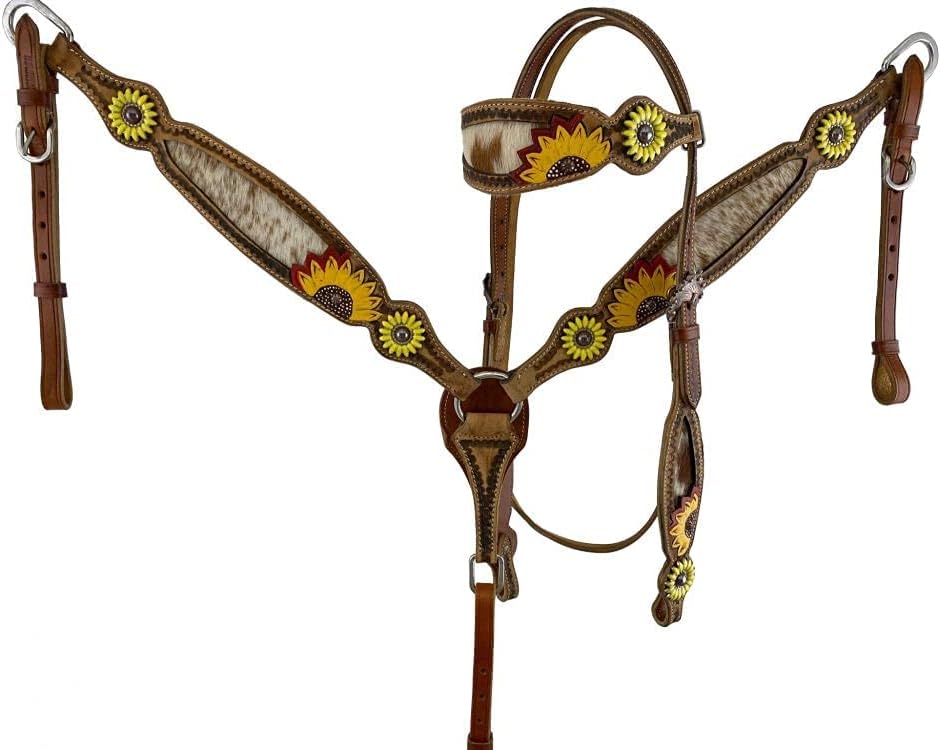 Showman Browband Headstall & Breast Collar Set w/Cowhide Inlay & Painted Sunflower Motif