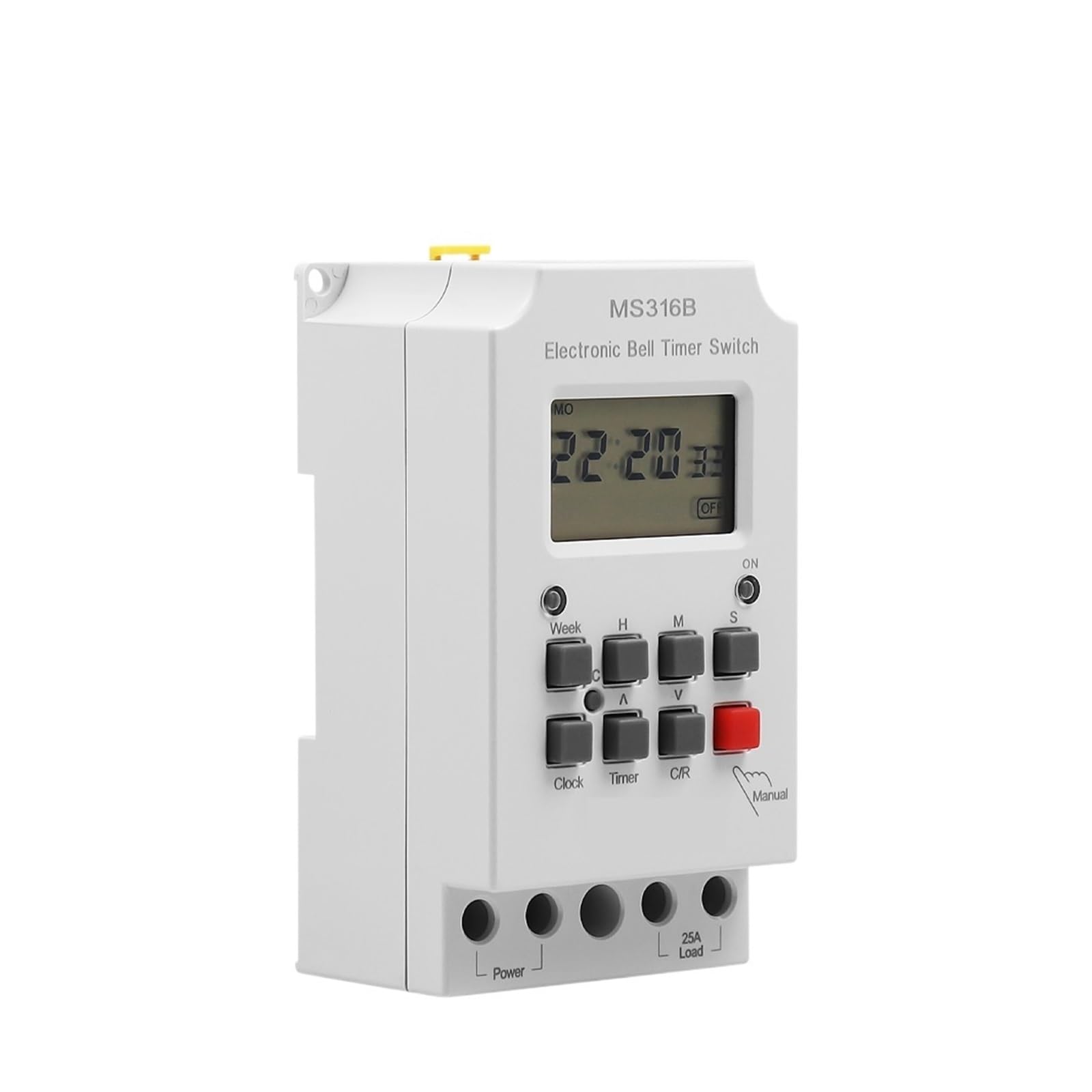 Temporizador de Timbre Escolar, 220 V CA, 25 A, MS316B con Tapa, programable semanalmente, duración de Encendido de 99 Horas, 23 Horas y 59 Segundos, con Pantalla L/C/D