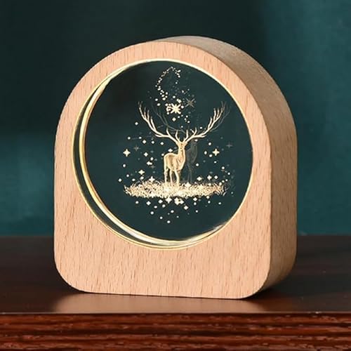 Image of SHOPOGENIX Deer Crystal Ball Night Lamp with Wooden Frame,USB Powered Galaxy Lamp,3D LED Sphere Crystal Glass Cube for Home and Office Décor (Cube Deer)