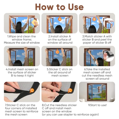 MYPIN Self-Adhesive Cat Window Guard Screen, Reinforced Mesh with Ruler/Knife/Stapler, DIY Cat-Proof Protection up to 51"x59", Flat Window Nets to Keep Cats Safe Indoors - Image 7