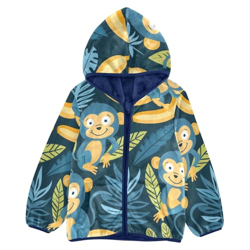 Boys Girls Fleece Jacket Cartoon Monkeys and Bananas Kids Warm Hooded Outwear Coat