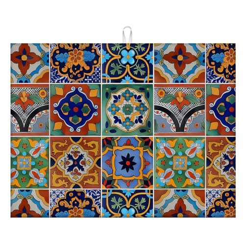 Talavera Mexican Tiles Dish Drying Mat For Kitchen Counter, Super Absorbent Microfiber Dish Drying Pad, Kitchen Gadgets For Easy Clean Multi-Use Large 18'x24'