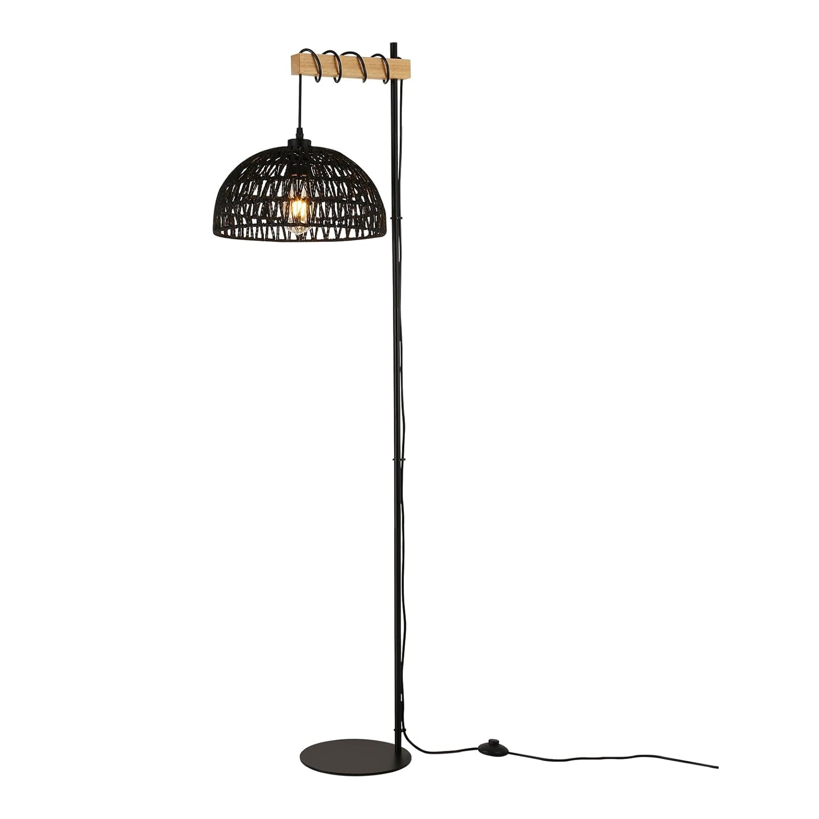 Alpinaluz Lampa Podłogowa E27 Czarny Pleciony Papier Czarna Podstawa 158 cm | Ręcznie wykonany klosz Ø32 cm, styl boho nordycki z wtyczką i przełącznikiem nożnym do salonu, sypialni i czytania