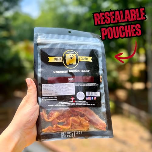 Image of Delicious Maple Bacon Jerky - Made from 100% Real Uncured Bacon - Thick-Cut, Sweet & Savory Candied Bacon Strips - Irresistibly Flavorful Snack - 4oz Total (2 Bags, 2oz Each)