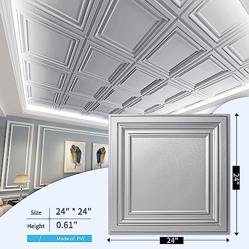 Image of Art3d PVC Ceiling Tiles, 2'x2' Plastic Sheet in Argent Silver (12-Pack)