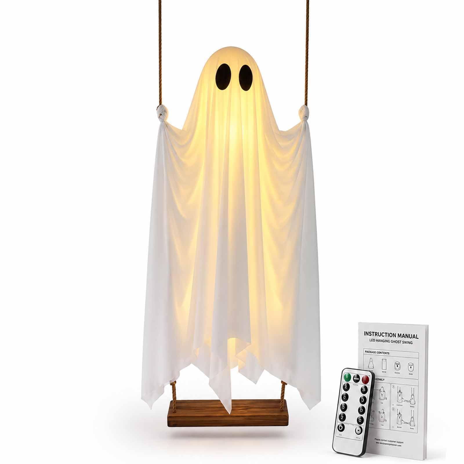 5FT Swinging Hanging Ghost Decor,LED Halloween Yard Ornament With Witch Hat
