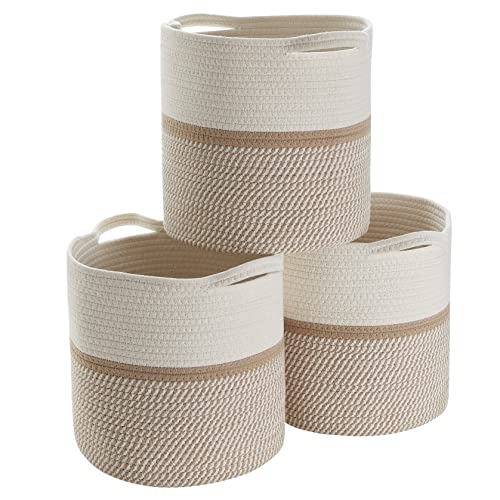 Image of Organizix 3 Pack Cotton Rope Storage Basket Woven Shelf Storage Bin with Handles, Decorative Closet Shelf Woven Basket for Storage Organizers Fits 12" inch Cube, White/Brown
