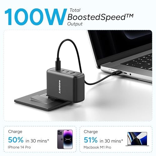 Image of Ambrane 100W GaN Charger: Fast Charging Adapter with 4 Ports (3 USB-C + 1 USB-A), PD Support, iPhone 0-50% in Minutes, Compatible with All iPhones, Android Phones, Laptops & MacBooks (charge100 Black)
