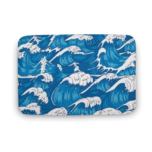 玄関マット室内 波 海 手絵 漫画 和風 ブルー 泥落としマット 滑り止め 50x80cm 大判 カーペット 耐摩耗性 吸水 ドアマット バスマット ふわふわ 柔らか 洗える 抗菌防臭 足拭きマット 廊下 洗面所 掃除 ラグマット オールシーズン適用 水洗