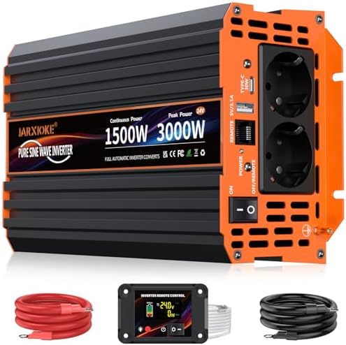 Wechselrichter 24V auf 230V 1500W Reiner Sinus SpannungswandlerPower Inverter mit LCD Fernbedienung,USB Ports,Type-C Port,2 AC-Steckdosen für Solar,Fahrzeuge,Wohnmobil,Stromausfall