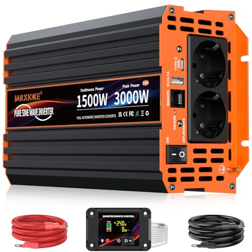 Inversor 24V 220V Onda Pura 1500W Convertidor DC AC con Mando LCD, 2 Tomas AC + USB-A + USB-C – Transformador para Coche, Camión, RV y Energía Solar, Seguro para Dispositivos Sensibles
