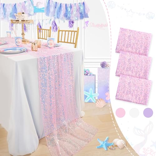 Mermaid Runner 3 Pieces Pink Table Runners 120 Inches Long Sequin Fabric for Girls Mermaid Birthday Decorations