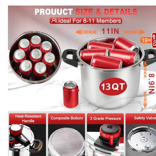 Image of 18 /8 Stainless Steel Pressure Cooker 12 Quart, [One-Hand Locking] Olla de Presion, [3-In-1] Pressure Cooker, Induction Compatible, Gas Stovetop Compatible,Includes Glass Lid & Steamer Rack