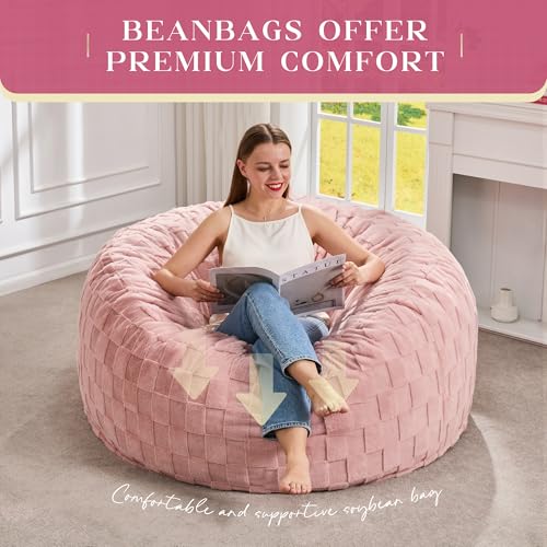 Image of Hobestluk Adults Bean Bag Chair 4FT Big BeanBag Chair Extra Large Oversized | Memory Foam,Washable Cover,Unique Fluffy Plaid,Comfy Big Bean Bag with Filler Lounging Reading Bedroom Living Room | Pink 4FT